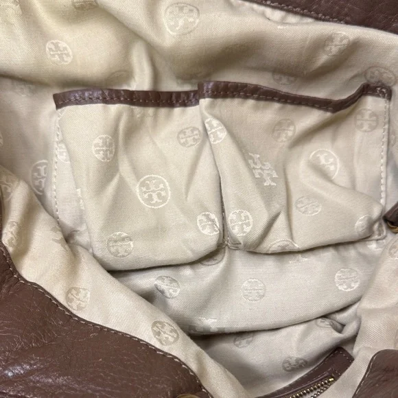 Tory Burch Brown Pebbled Leather Logo Tote Shoulder Bag